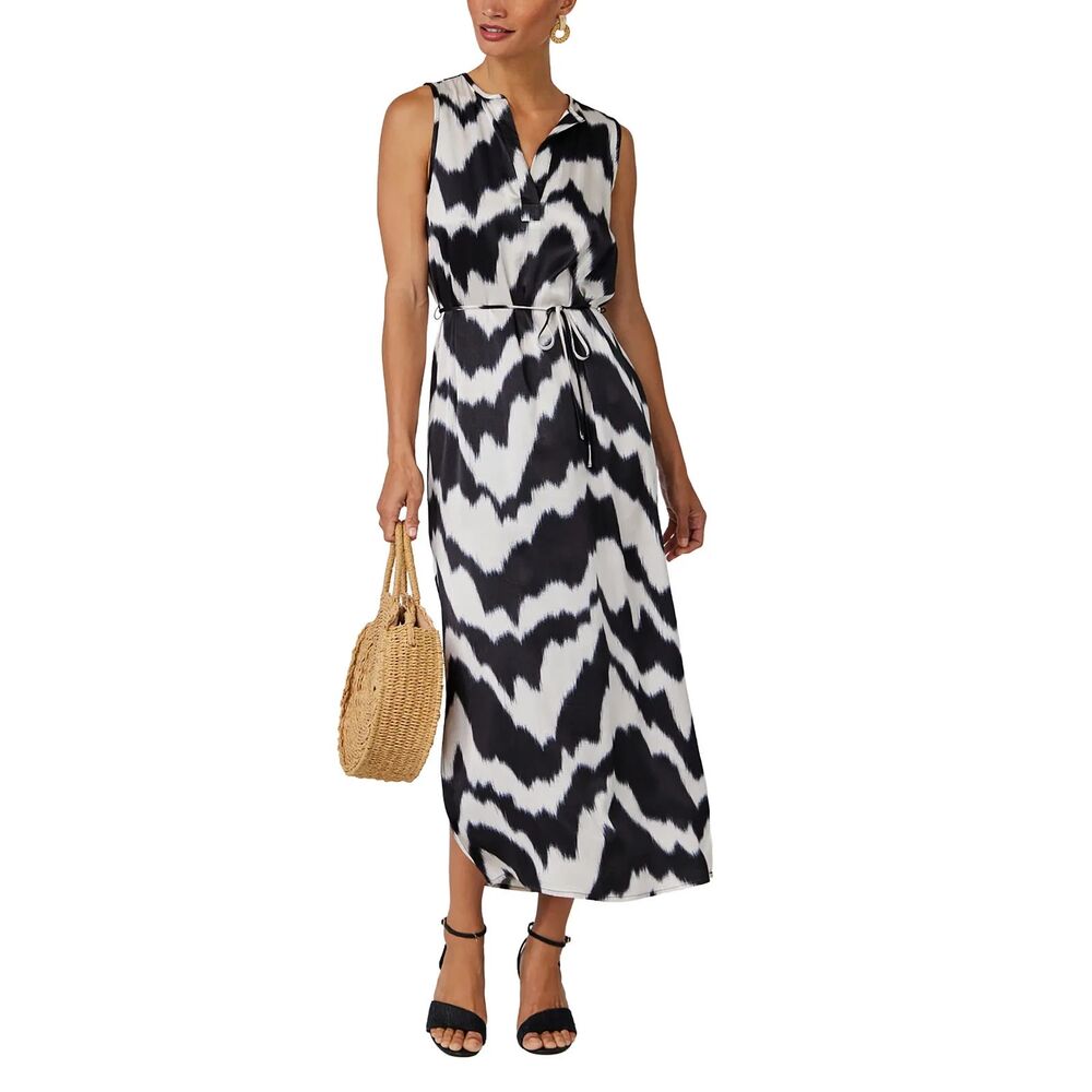 Bella Dahl Maxi Dress Sleeveless Women's M Abstract Black White Split Neck READ
